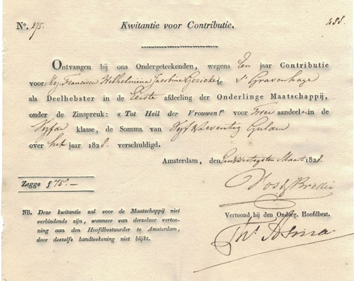 onderlinge Maatschappij onder de zinspreuk "Tot Heil der Vrouwen", conributie over 1828