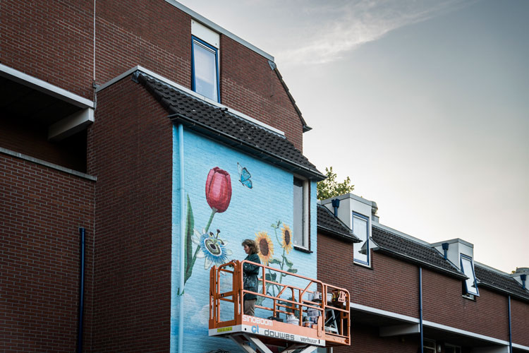 Catharina Nieuwenhout op een hoogwerker voor een muurschildering