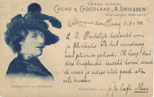 Rembrandt zelfportret op briefkaart van Driessen Cacao