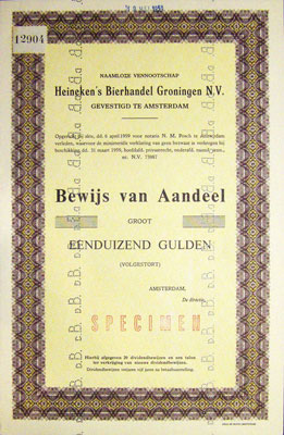 Heineken's Bierhandel Groningen, specimen aandeel