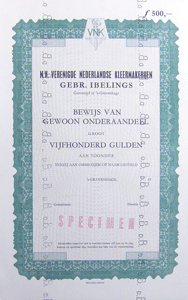 Verenigde Nederlandse Kleermakerijen Gebr. Ibelings, Specimen onder-aandeel fl. 500