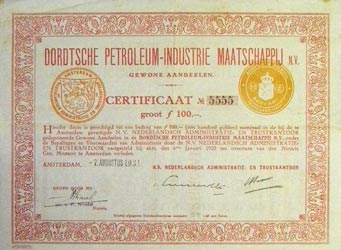 certificaat Dordtsche Petroleum Maatschappij uit 1931, groot f 100